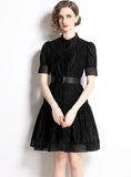LACE STITCHING SINGLE-BREASTED STAND-UP DRESS
