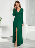 V-NECK LONG SLEEVE SLIT SLIM DRESS