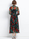 ROSE PRINTED SLIM LONG SLEEVE CHIFFON DRESS