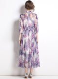 BOW TIE COLLAR LONG SLEEVE WAIST FLORAL CHIFFON DRESS