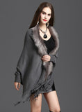 LOOSE FOX LIKE FUR COLLAR TASSEL KNITTED CARDIGAN SHAWL