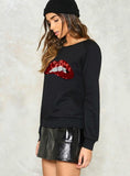 SEQUIN RED LIPS PRINT SWEATSHIRT CASUAL PREPPY O-NECK