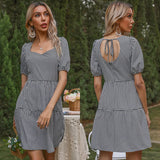 PLAID LACE-UP SHORT SLEEVE DRESS