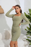 SQUARE NECK PLEATED LONG SLEEVE DRESS
