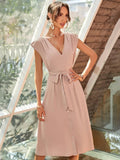V-NECK BELT WAIST SWING DRESS