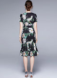 ROUND NECK SHORT SLEEVE FLOWER BIRD PRINT DRESS