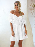 V-NECK WAIST CASUAL SHORT DRESS