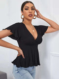 V-NECK SILM WAIST T-SHIRT SHORT SLEEVE SHIRT