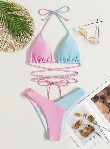 COLOR MATCHING STRING BEADS BIKINI SWIMSUIT