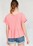 SLEEVE LADY TOPS COTTON SOLID BLUE/PINK
