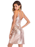 DEEP V-NECK SLING PLEATED SEQUINED DRESS