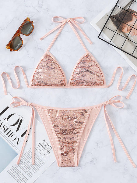 SEXY SOLID COLOR SEQUINS STRAP BIKINI