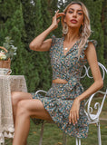 FLORAL FLOUNCE SLEEVELESS SKIRT TWO-PIECE SUIT