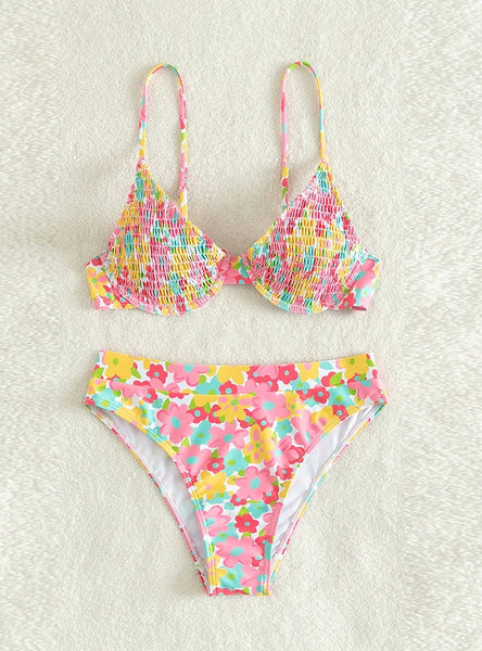 PRINTED PLEATED STEEL-SUPPORTED BIKINI SWIMSUIT