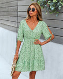 V-NECK SEXY SHORT SLEEVE FLORAL DRESS