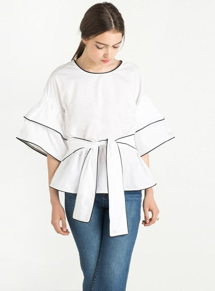 SOLID WHITE TIE FRONT SOFT CASUAL LOOSE SHIRT HALF SLEEVE