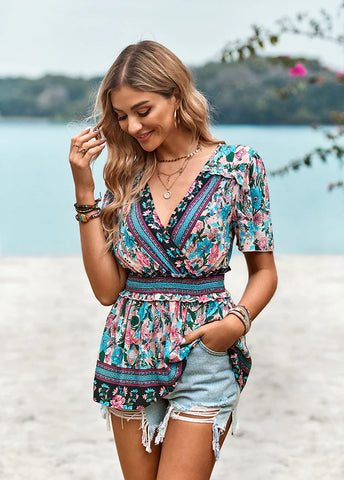 RETRO V-NECK SHORT SLEEVE PRINTED SHIRT