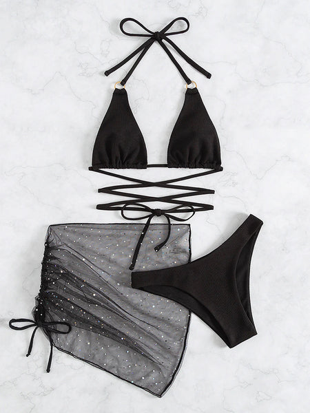 TETHER NECK THREE-PIECE HALTER BIKINI