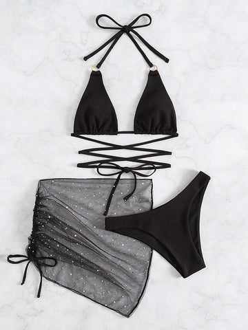 TETHER NECK THREE-PIECE HALTER BIKINI