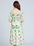 BUBBLE SLEEVE WAIST SLIM GREEN PRINT DRESS