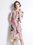 PRINTED SLIM WAIST SHORT SLEEVE DRESS