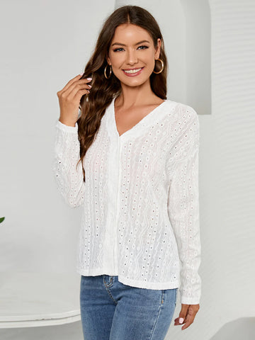 LONG-SLEEVED V-NECK HOLLOW LEISURE SHIRT