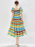 SQUARE COLLAR WAIST SLIM RAINBOW HOLIDAY DRESS