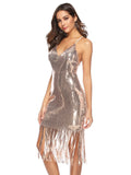 STRAP BACKLESS FRINGED SEQUINED DRESS