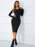 SOLID COLOR KNITTED LONG SLEEVE DRESS