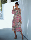 SQUARE COLLAR LONG SLEEVE PRINT DRESS