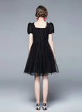 BLACK LACE EMBROIDERED BOW SHORT SLEEVE DRESS