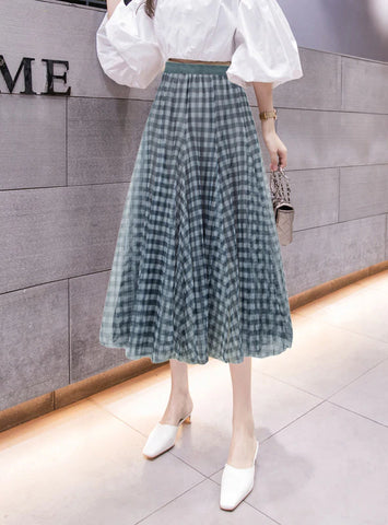 RETRO CONTRAST PLAID GAUZE SKIRT