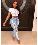 TEAR-WASHED ELASTIC JEANS BEGGARS' FEET PANTS