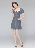 SQUARE COLLAR WAIST SLIM BUBBLE SLEEVE DRESS