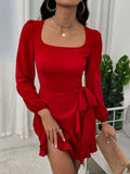 SQUARE NECK PUFF SLEEVE LONG SLEEVE RUFFLED DRESS