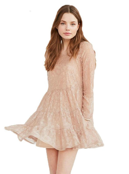 MINI LACE DRESS HOLLOW OUT LIGHT PINK LONG SLEEVE