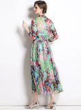 WOMEN COLLAR LONG SLEEVE PRINT DRESS