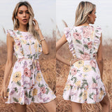 PRINTED ROUND NECK STITCHING FLOUNCE DRESS
