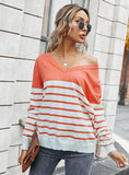 V-NECK STRIPED COLOR MATCHING SWEATER