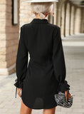 CARDIGAN LAPEL LONG SLEEVE KNOTTED SHIRT DRESS