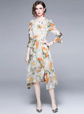 V-NECK CHIFFON PRINT LONG SLEEVE DRESS