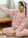 PINK HOODED LEOPARD FUR PAJAMAS WOMEN WINTER FLANNEL