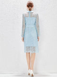 BLUE LONG SLEEVE HEAVY-DUTY LACE DRESS