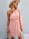 WOMEN CHIFFON ONE SHOULDER LONG SLEEVE DRESS