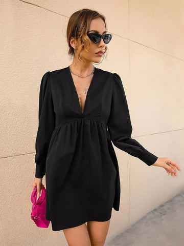 SEXY V-NECK SLIM BUBBLE SLEEVE LONG SLEEVE DRESS