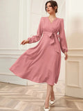 BUBBLE SLEEVE BELT V-NECK LONG-SLEEVED DRESS