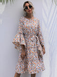 LOTUS LEAF ROUND COLLAR FLORAL TRUMPET SLEEVE DRESS
