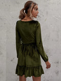 DEEP V-NECK PUFF SLEEVE VELVET RUFFLED DRESS