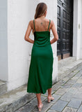SPLIT-BREASTED SATIN V-NECK SUSPENDER DRESS