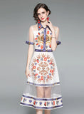 STITCHING MESH LAPEL SHORT SLEEVE PRINTED FAKE TWO-PIECE DRESS